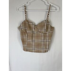 Timing Plaid Corset Crop Top Size Large – Beige Brown Check Bustier Tank UEC
